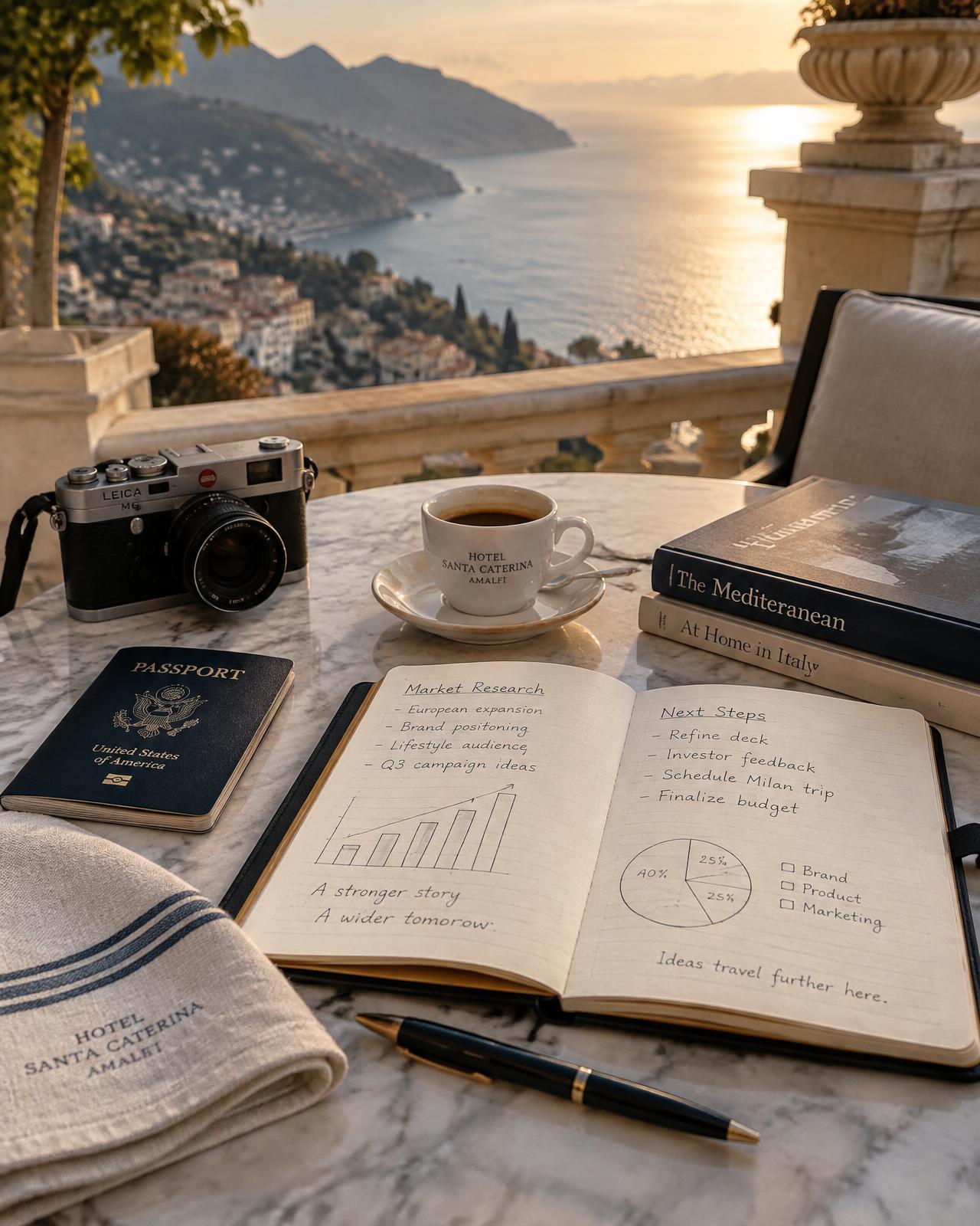 Research notes on a hotel terrace